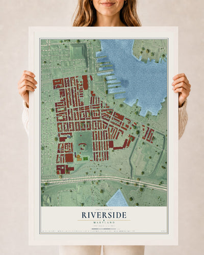 Map of Riverside, Maryland, 24 x 36 inch print in a white wood frame