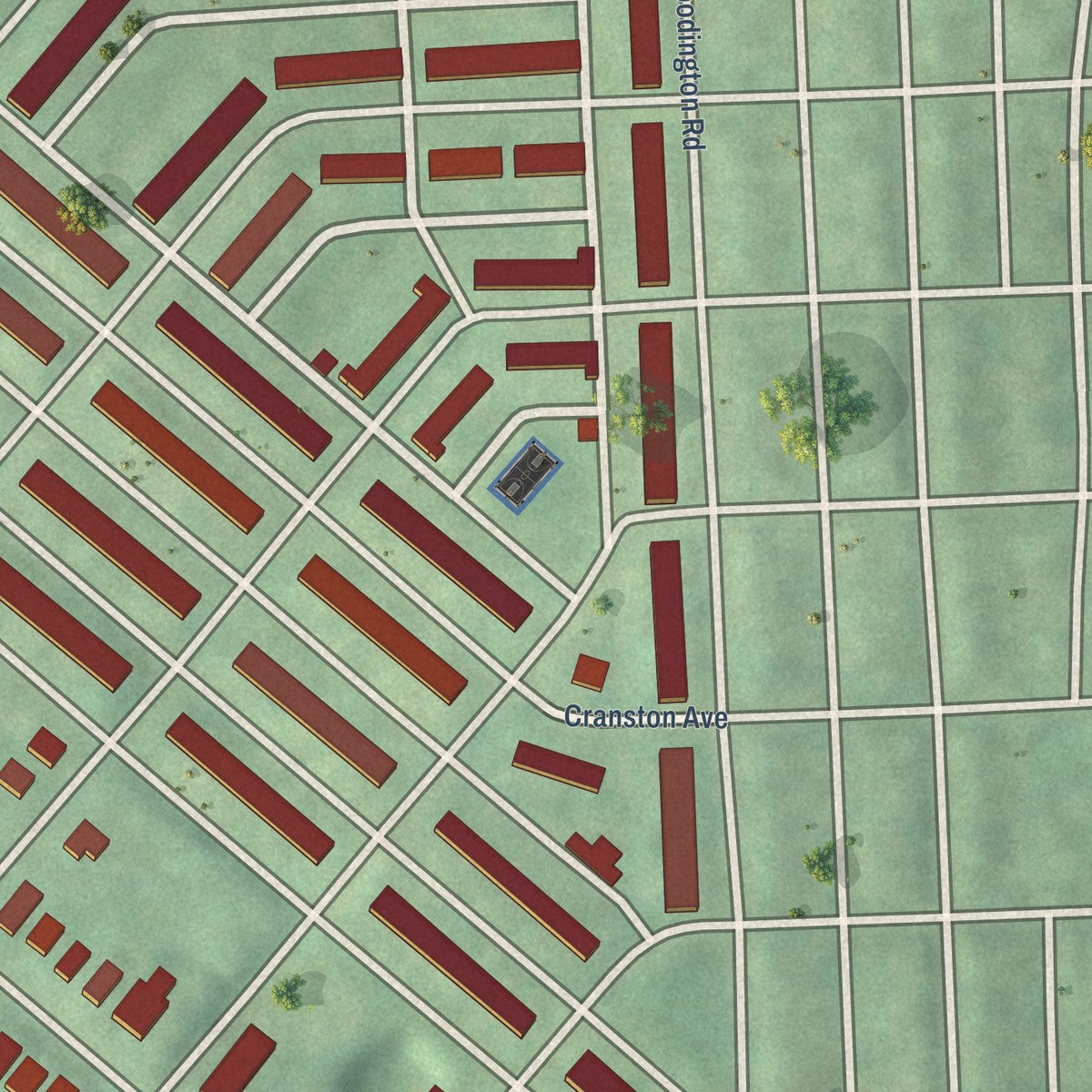 Close-up of the map of Rognel Heights, Maryland print showing street and building detail