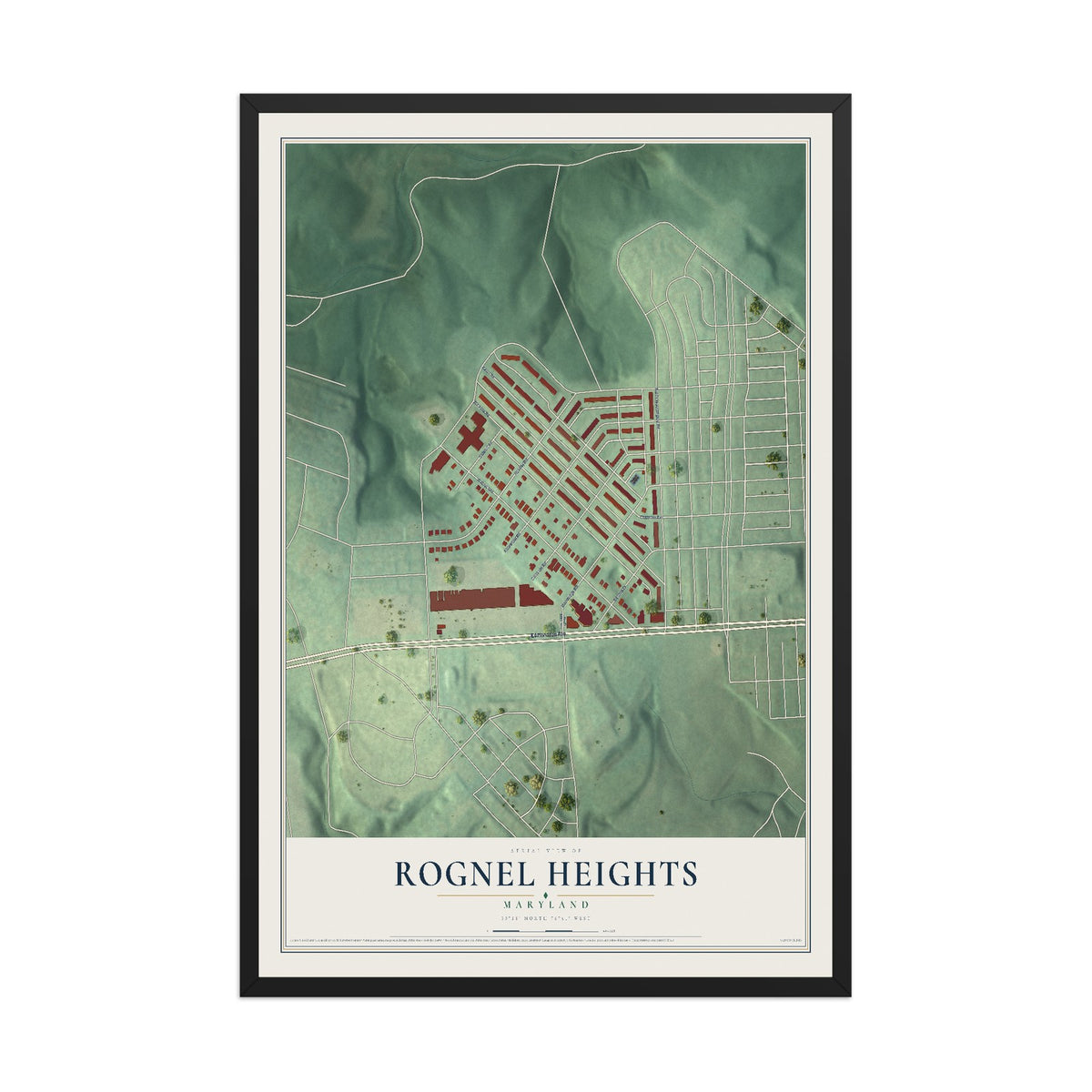 Map of Rognel Heights, Maryland, 12 x 18 inch print in a black wood frame