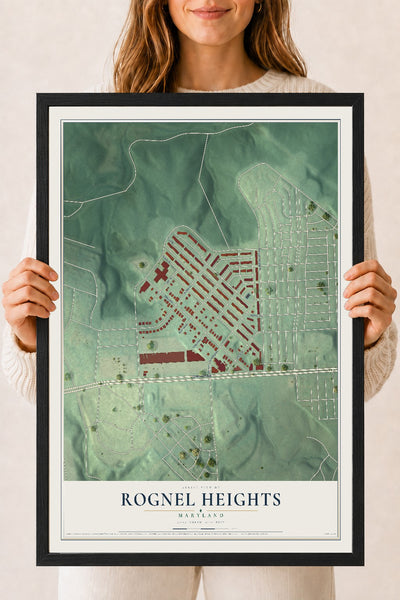 Map of Rognel Heights, Maryland, 18 x 24 inch print in a black wood frame