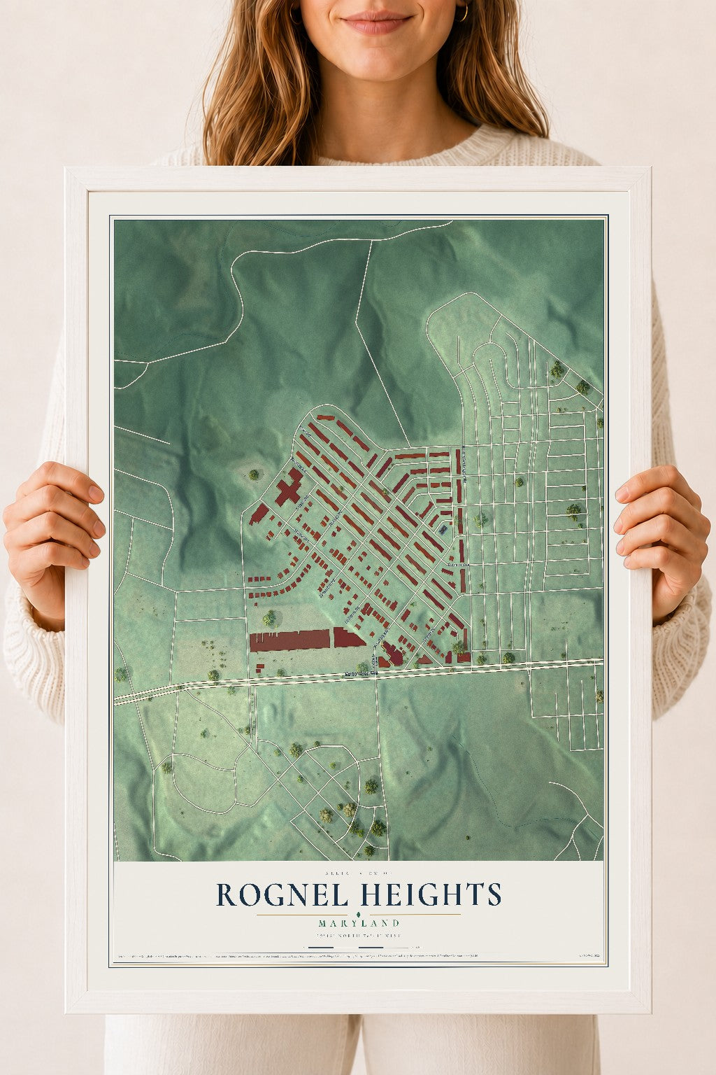 Map of Rognel Heights, Maryland, 18 x 24 inch print in a white wood frame
