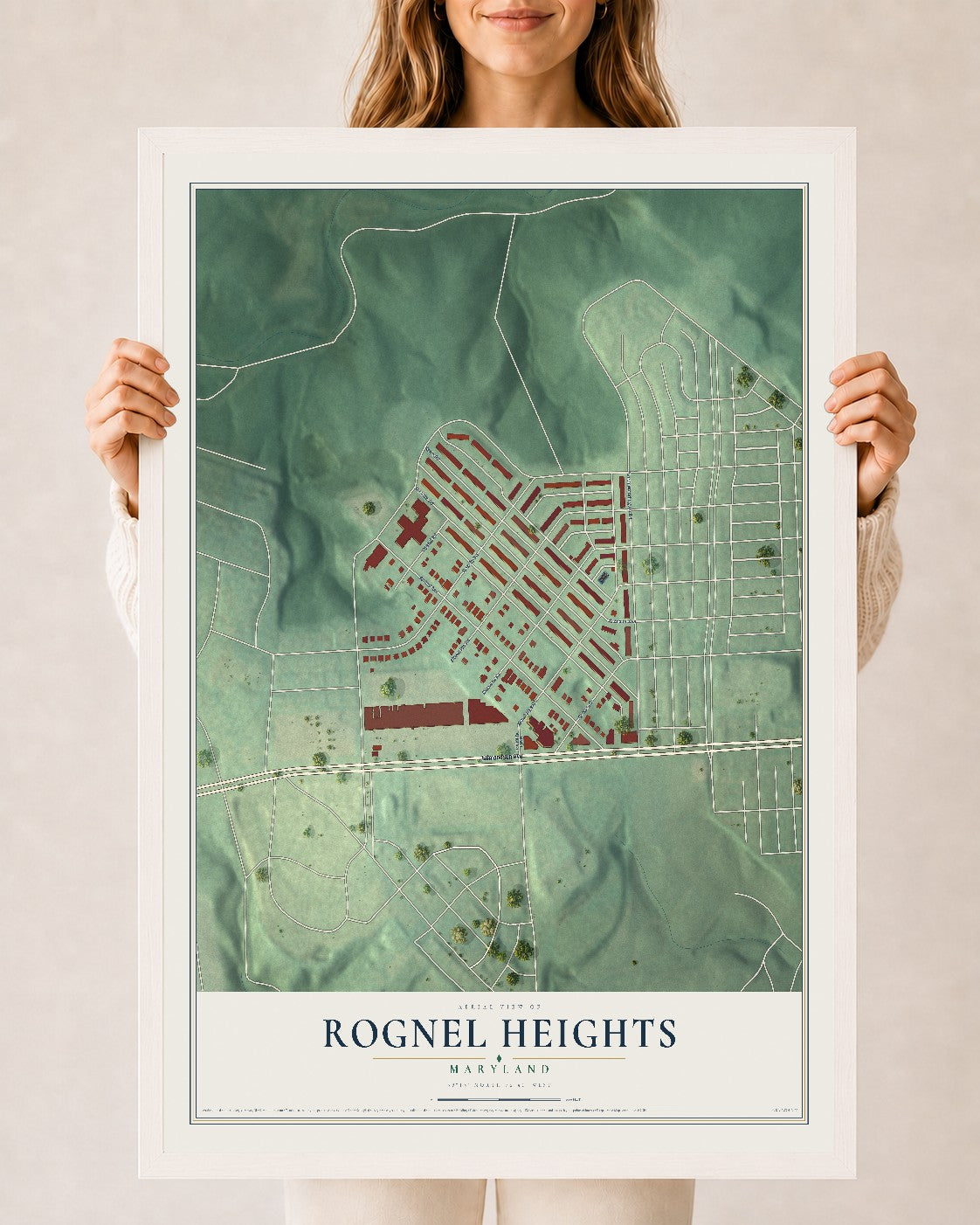 Map of Rognel Heights, Maryland, 24 x 36 inch print in a white wood frame