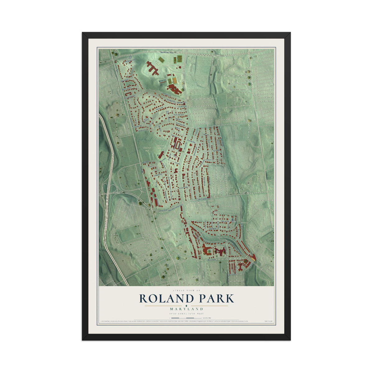 Map of Roland Park, Maryland, 12 x 18 inch print in a black wood frame