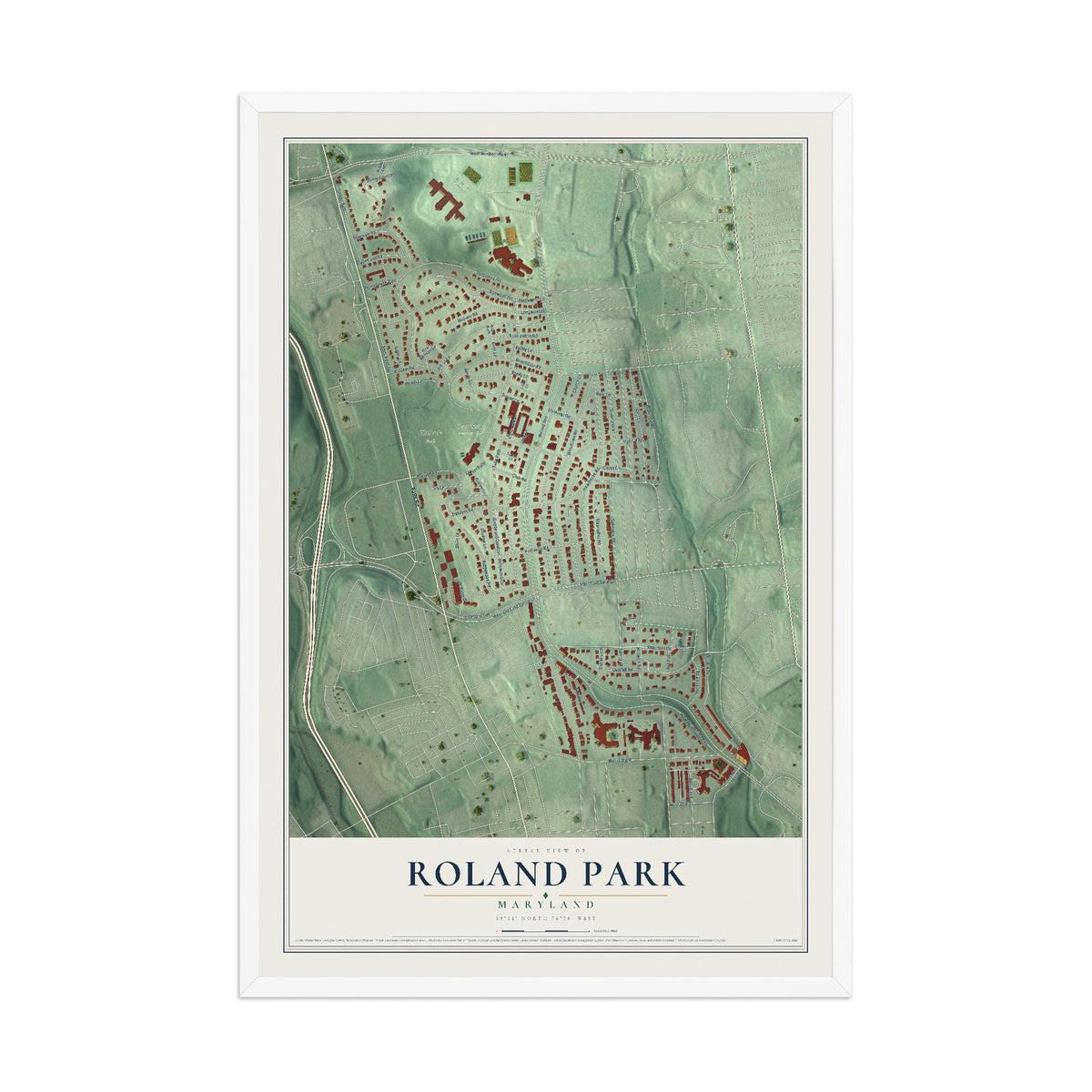 Map of Roland Park, Maryland, 12 x 18 inch print in a white wood frame