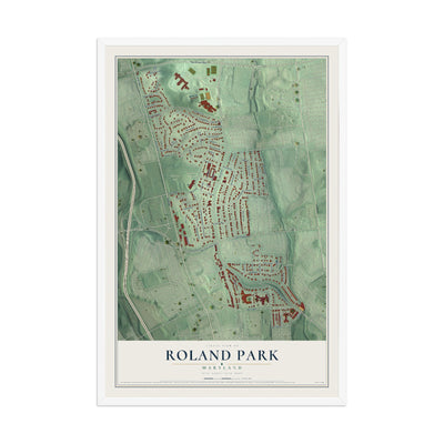 Map of Roland Park, Maryland, 12 x 18 inch print in a white wood frame
