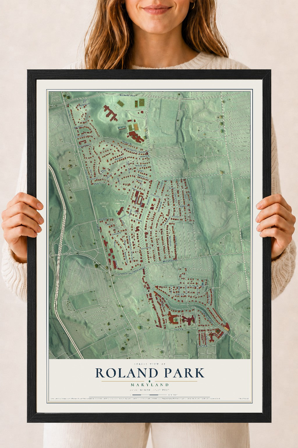 Map of Roland Park, Maryland, 18 x 24 inch print in a black wood frame
