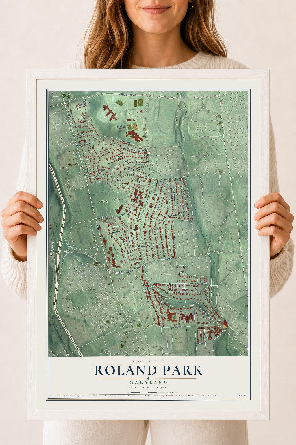 Map of Roland Park, Maryland, 18 x 24 inch print in a white wood frame