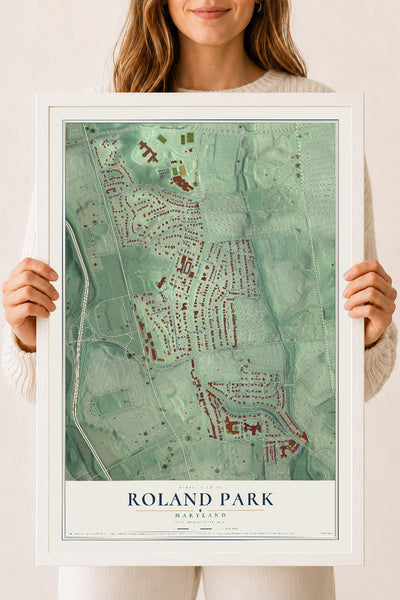 Map of Roland Park, Maryland, 18 x 24 inch print in a white wood frame
