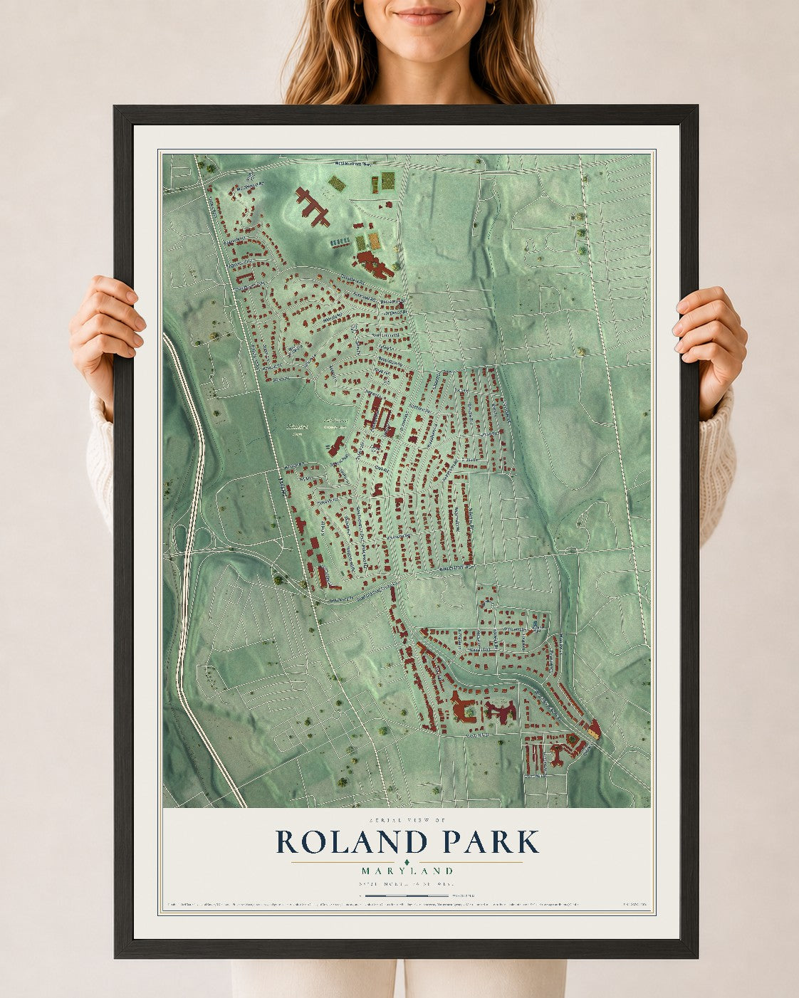 Map of Roland Park, Maryland, 24 x 36 inch print in a black wood frame