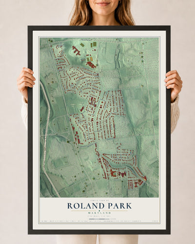 Map of Roland Park, Maryland, 24 x 36 inch print in a black wood frame