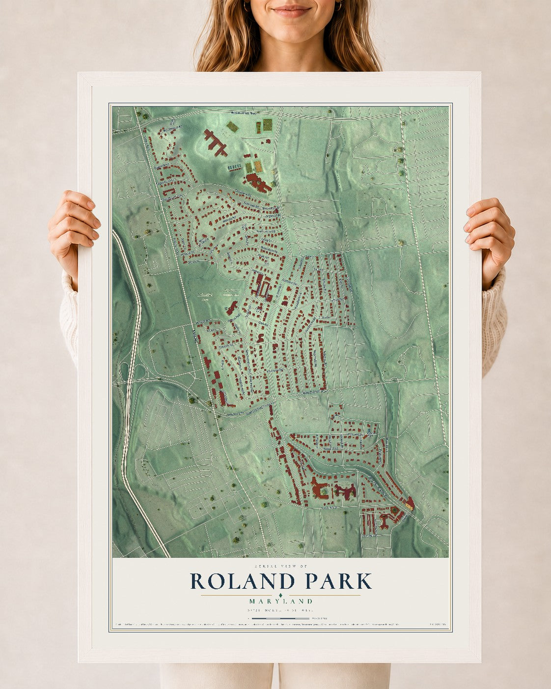 Map of Roland Park, Maryland, 24 x 36 inch print in a white wood frame