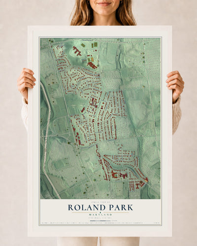 Map of Roland Park, Maryland, 24 x 36 inch print in a white wood frame