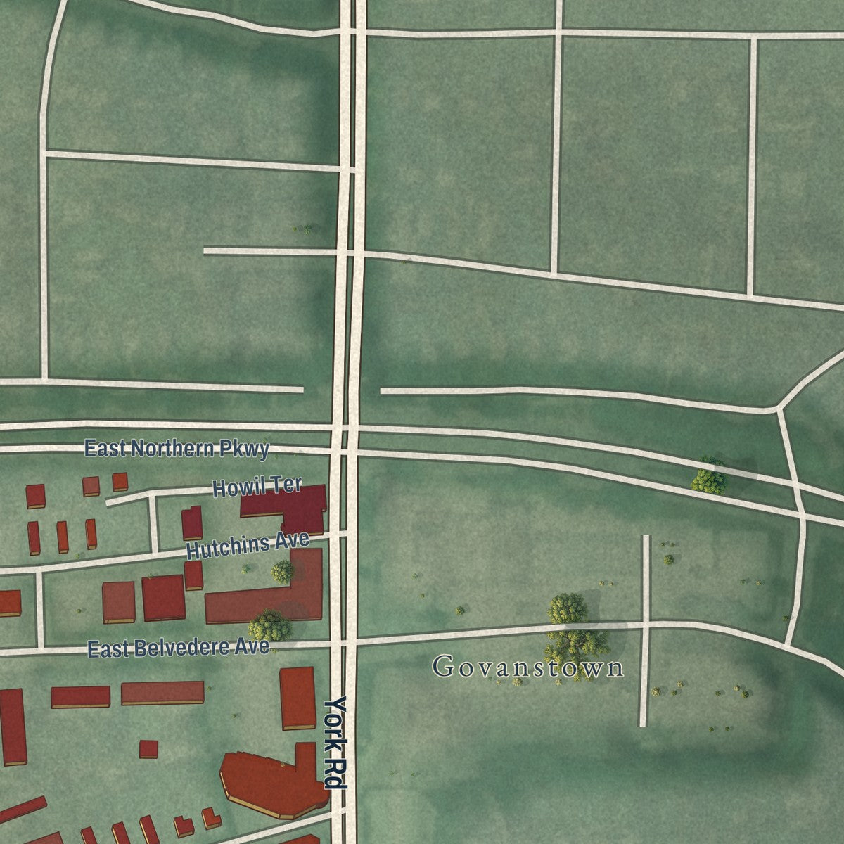 Close-up of the map of Rosebank, Maryland print showing street and building detail