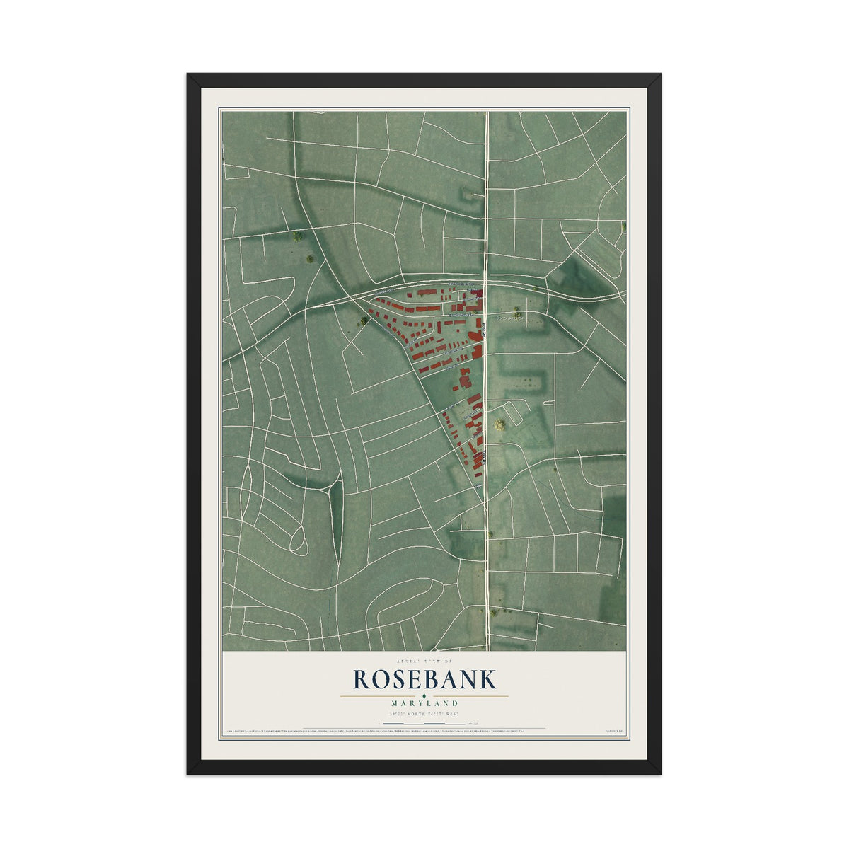 Map of Rosebank, Maryland, 12 x 18 inch print in a black wood frame