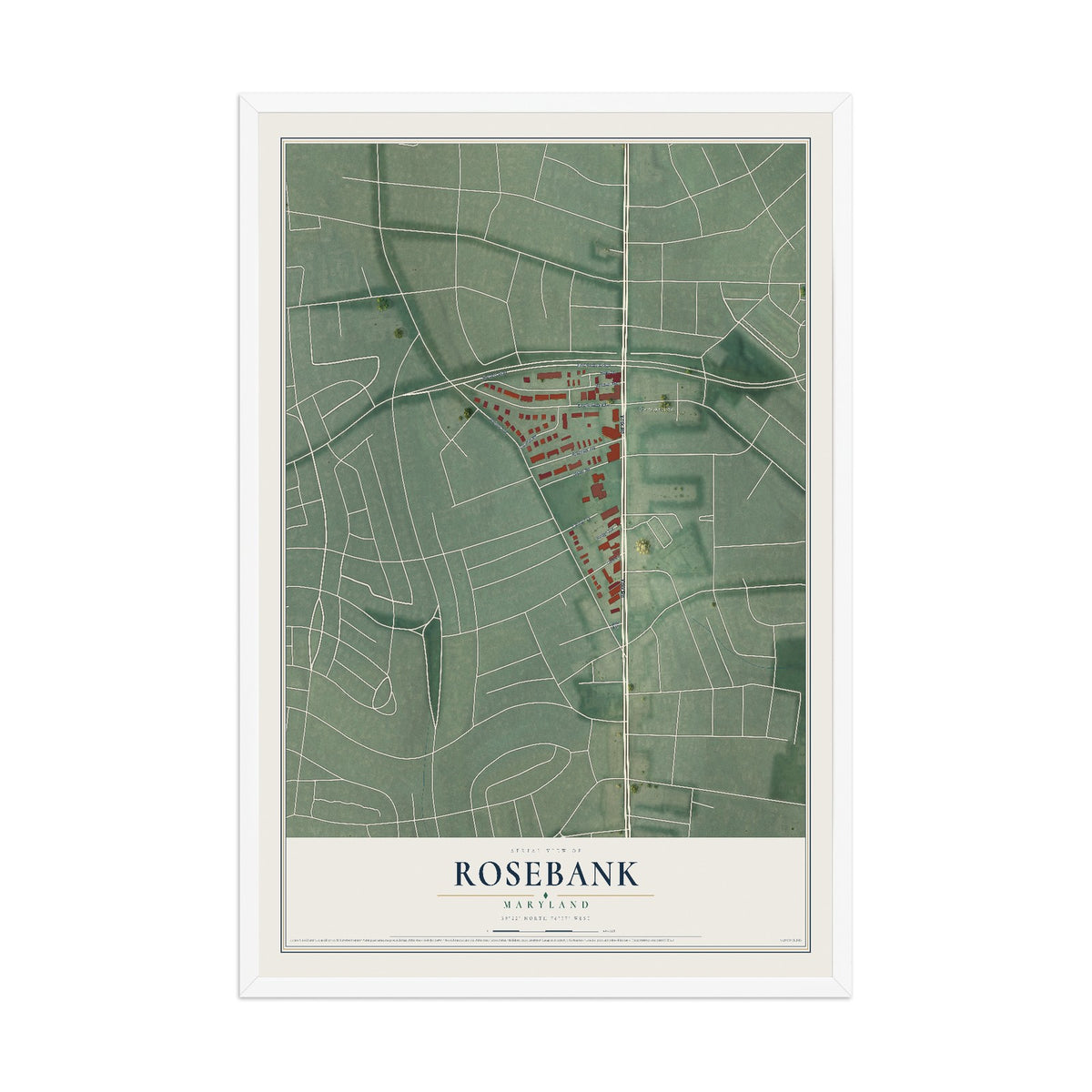 Map of Rosebank, Maryland, 12 x 18 inch print in a white wood frame