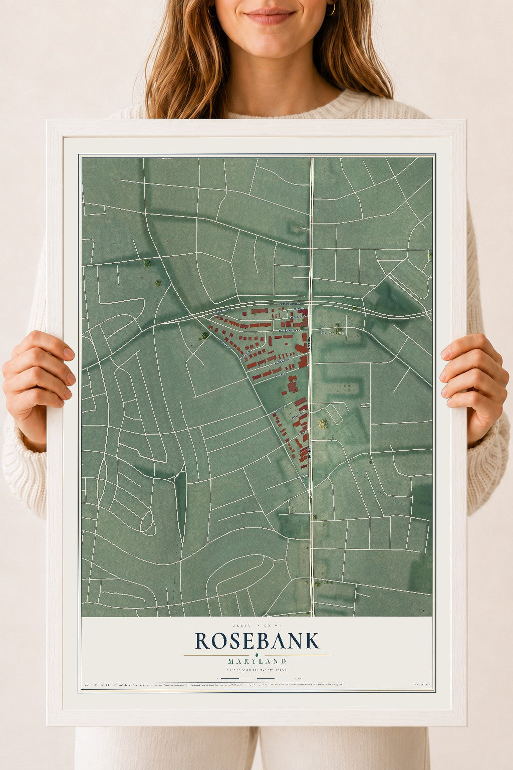 Map of Rosebank, Maryland, 18 x 24 inch print in a white wood frame
