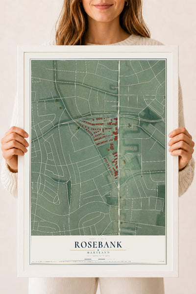 Map of Rosebank, Maryland, 18 x 24 inch print in a white wood frame