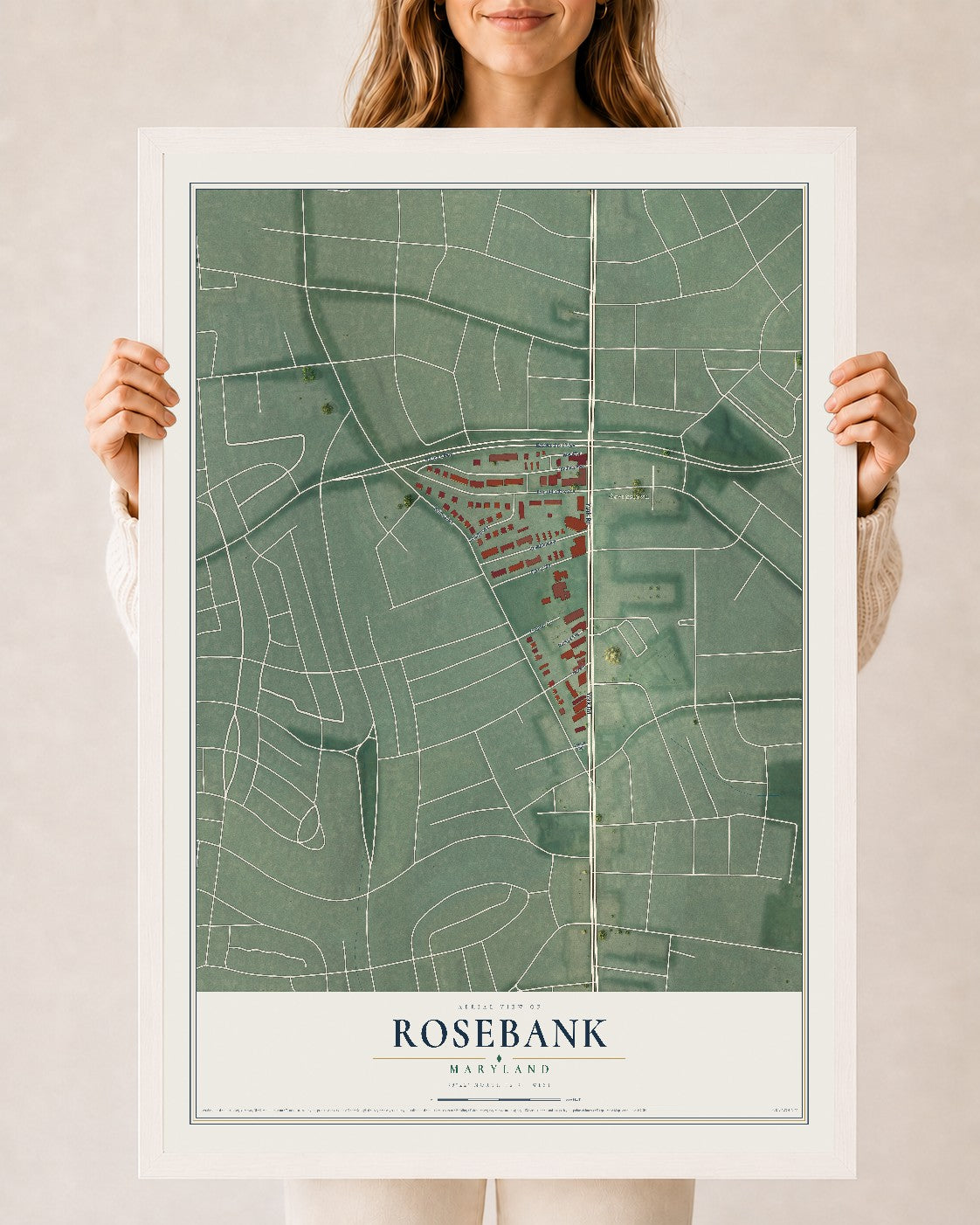 Map of Rosebank, Maryland, 24 x 36 inch print in a white wood frame