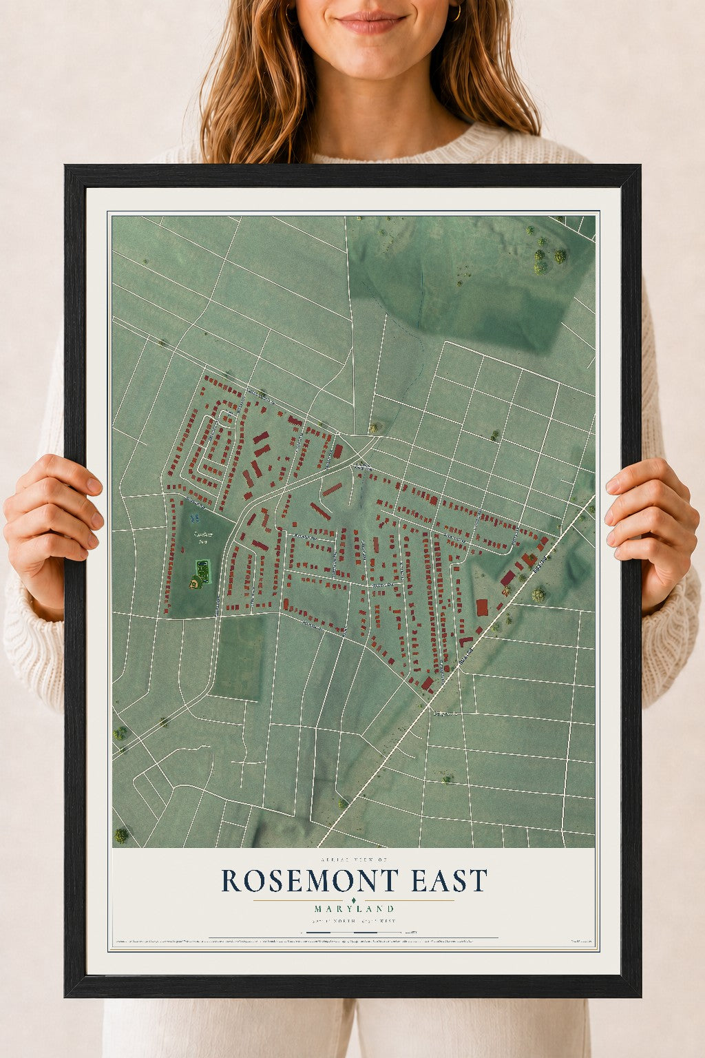 Map of Rosemont East, Maryland, 18 x 24 inch print in a black wood frame