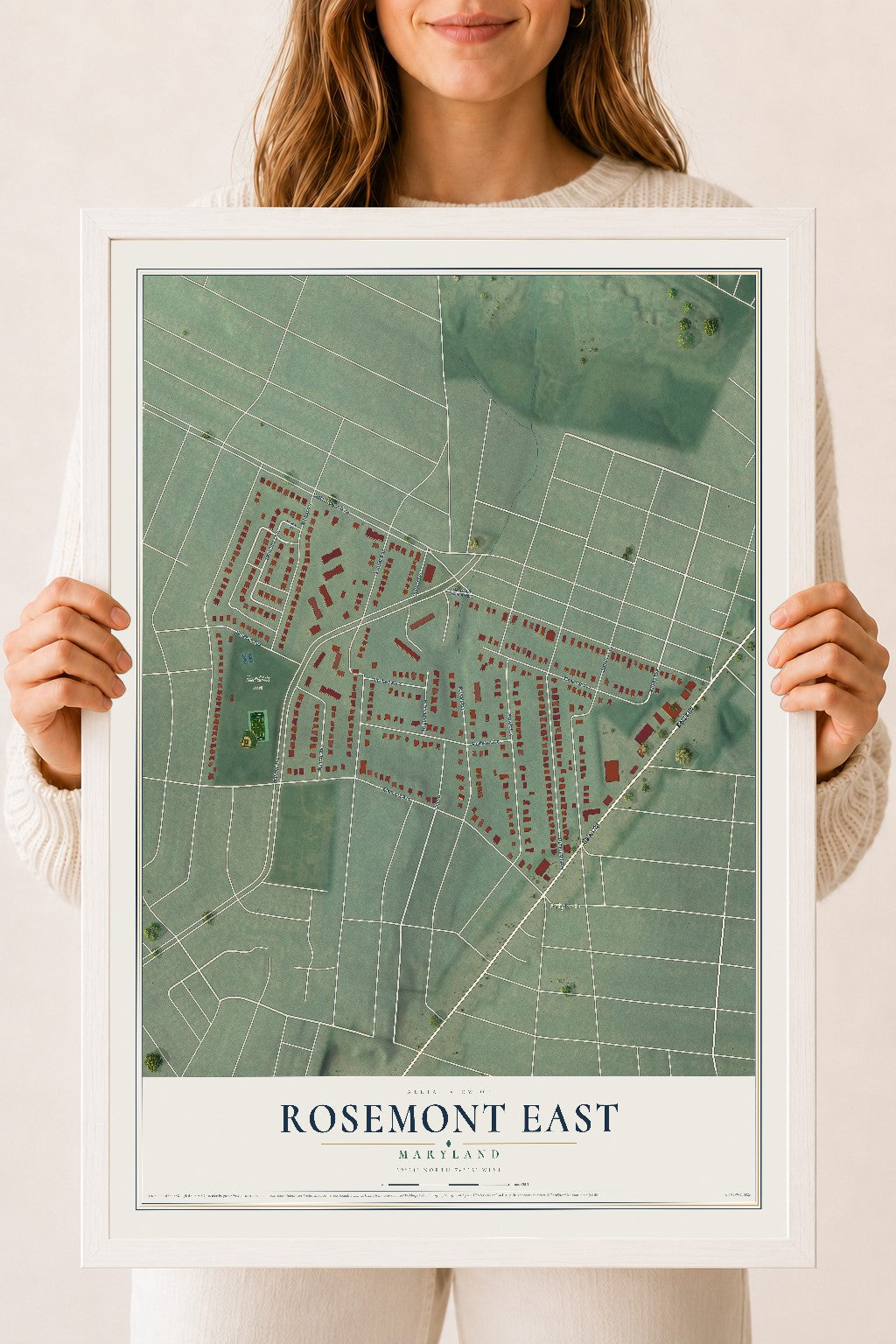Map of Rosemont East, Maryland, 18 x 24 inch print in a white wood frame