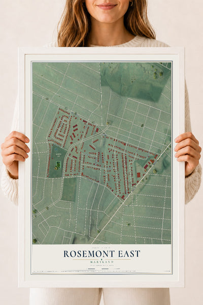 Map of Rosemont East, Maryland, 18 x 24 inch print in a white wood frame