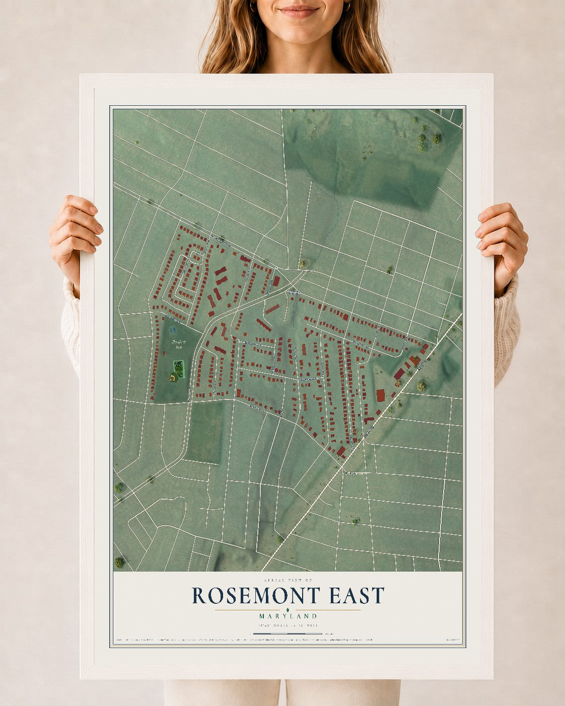 Map of Rosemont East, Maryland, 24 x 36 inch print in a white wood frame