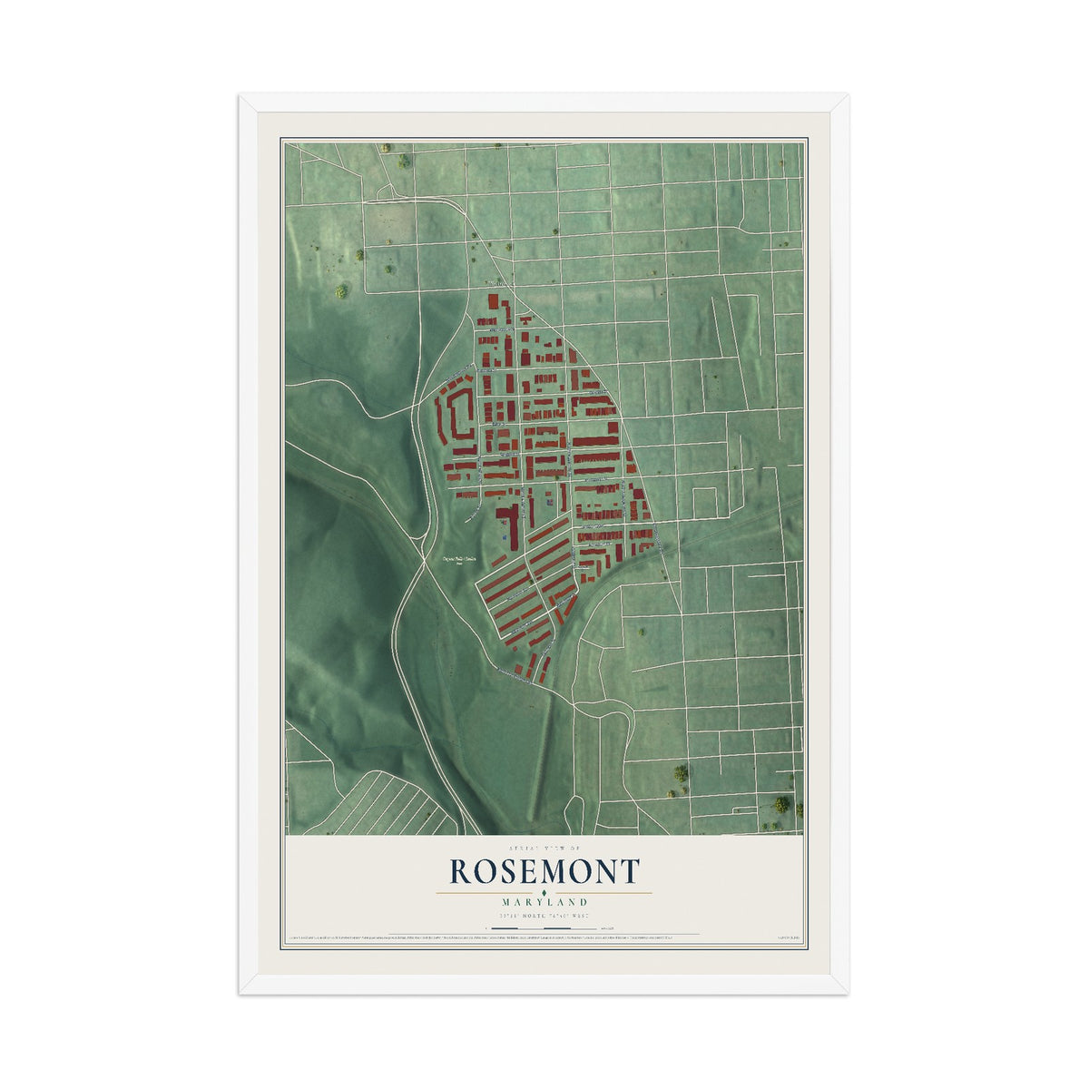 Map of Rosemont, Baltimore, Maryland, 12 x 18 inch print in a white wood frame