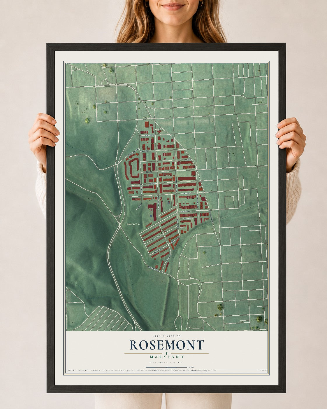 Map of Rosemont, Baltimore, Maryland, 24 x 36 inch print in a black wood frame