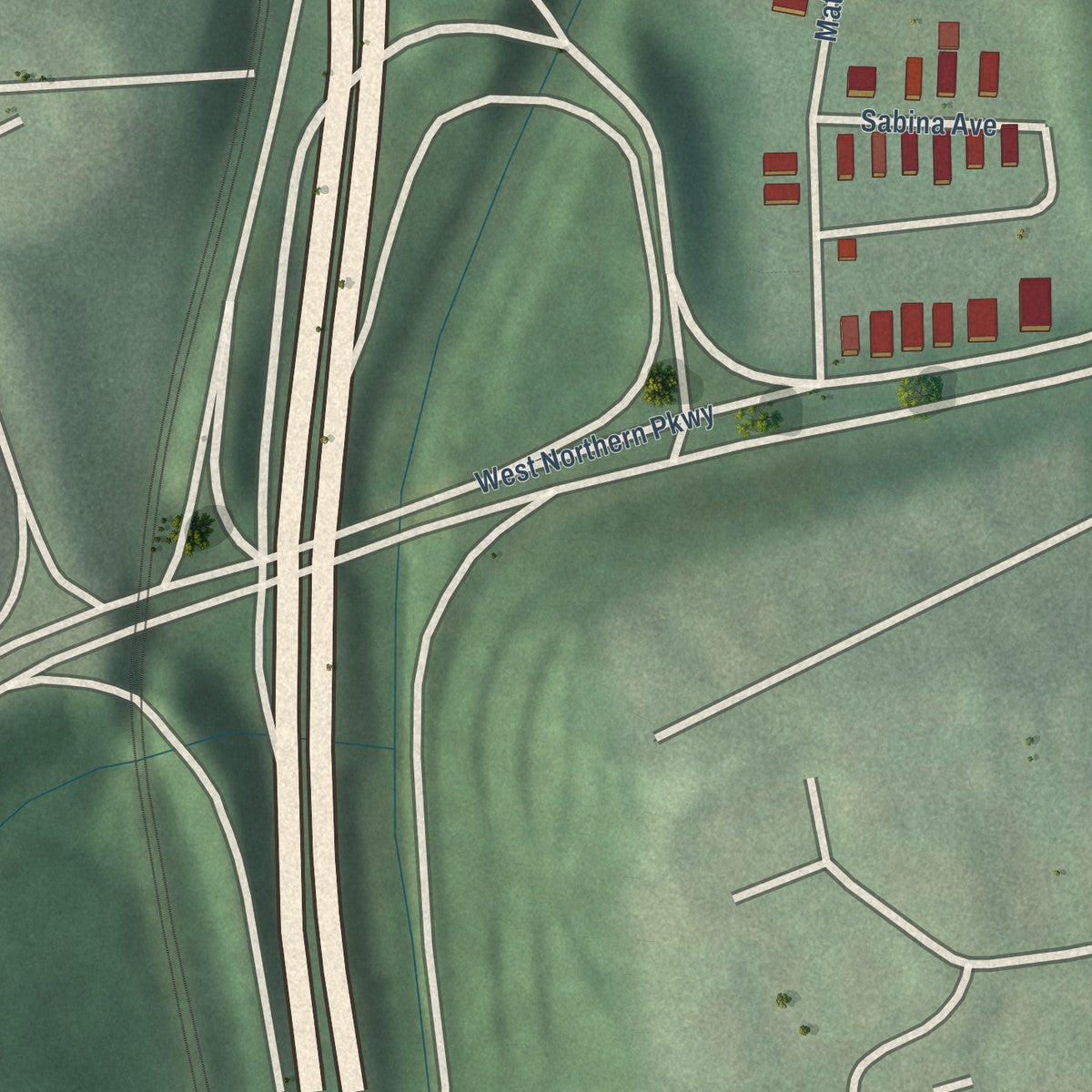 Close-up of the map of Sabina-Mattfeldt, Maryland print showing street and building detail