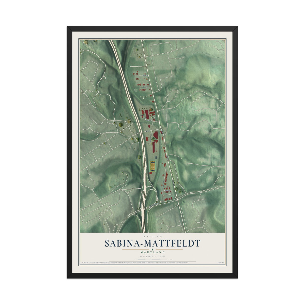 Map of Sabina-Mattfeldt, Maryland, 12 x 18 inch print in a black wood frame