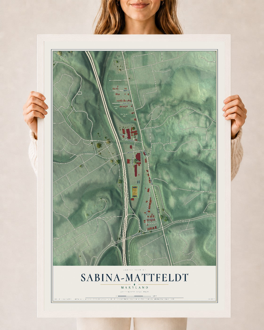 Map of Sabina-Mattfeldt, Maryland, 24 x 36 inch print in a white wood frame