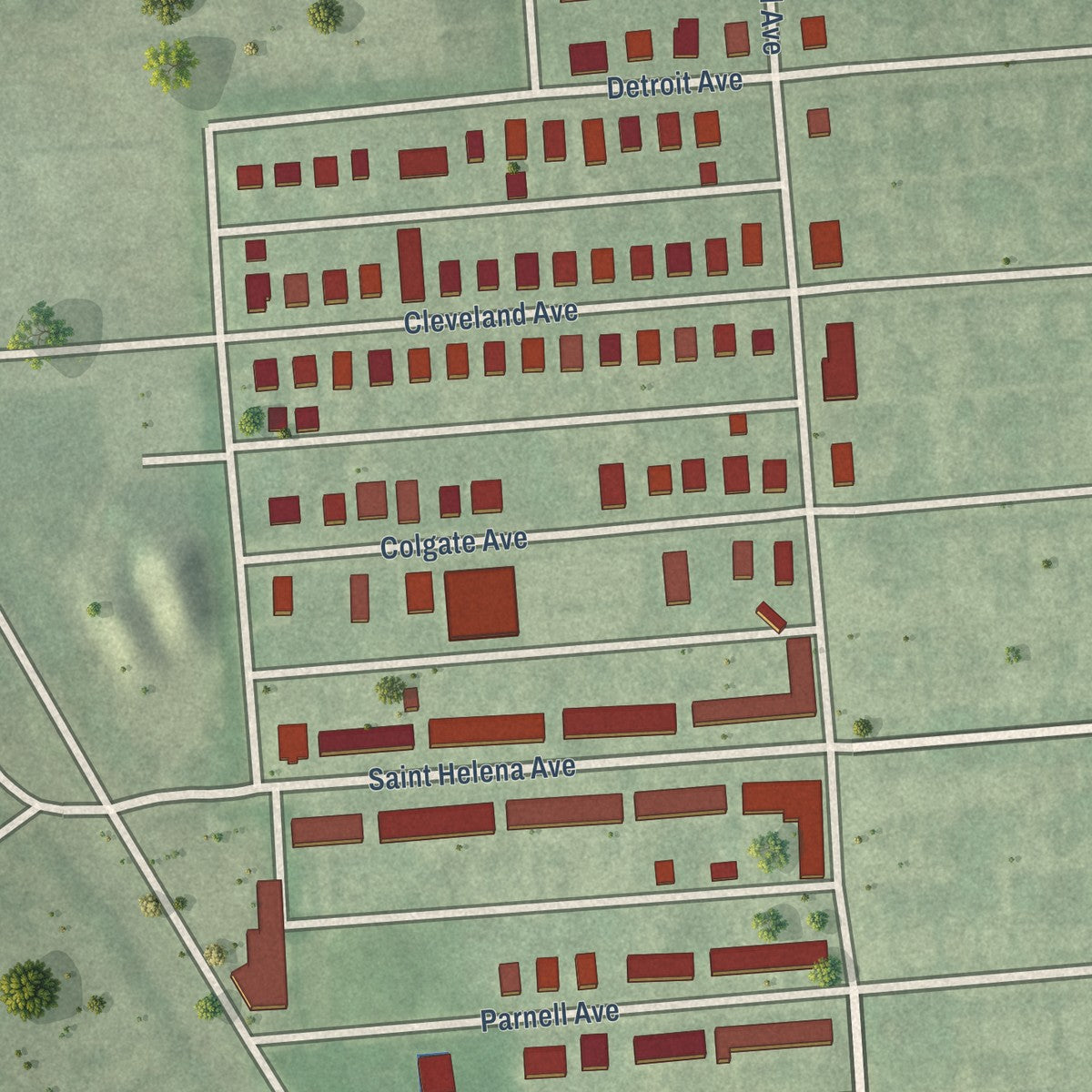 Close-up of the map of Saint Helena, Maryland print showing street and building detail