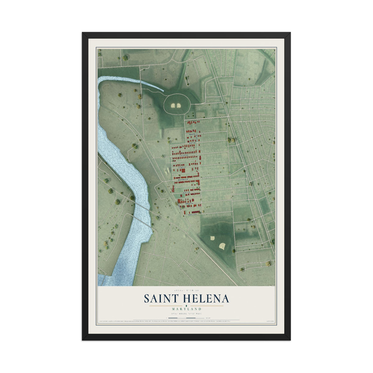 Map of Saint Helena, Maryland, 12 x 18 inch print in a black wood frame