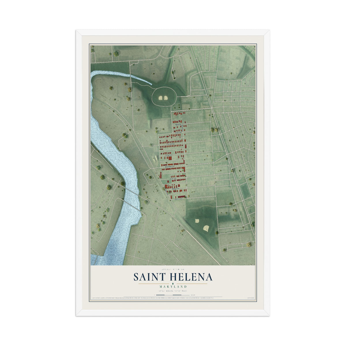 Map of Saint Helena, Maryland, 12 x 18 inch print in a white wood frame