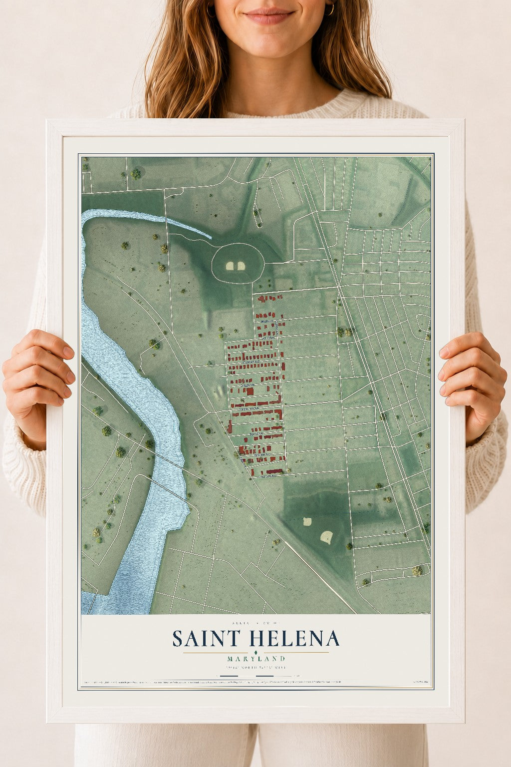Map of Saint Helena, Maryland, 18 x 24 inch print in a white wood frame
