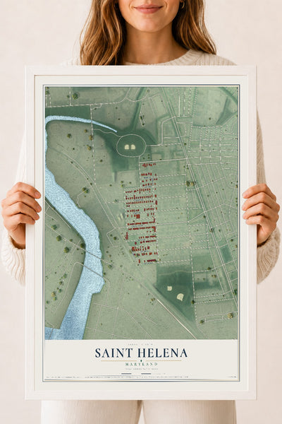 Map of Saint Helena, Maryland, 18 x 24 inch print in a white wood frame