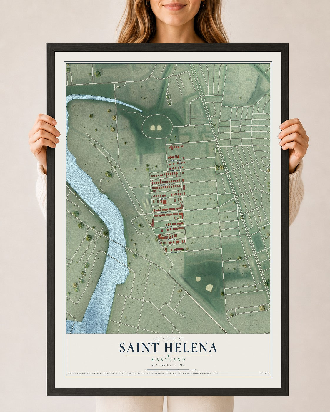Map of Saint Helena, Maryland, 24 x 36 inch print in a black wood frame