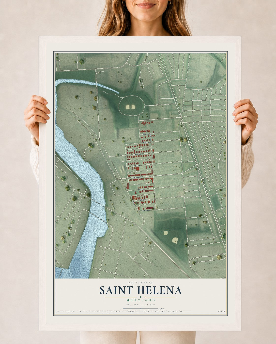 Map of Saint Helena, Maryland, 24 x 36 inch print in a white wood frame