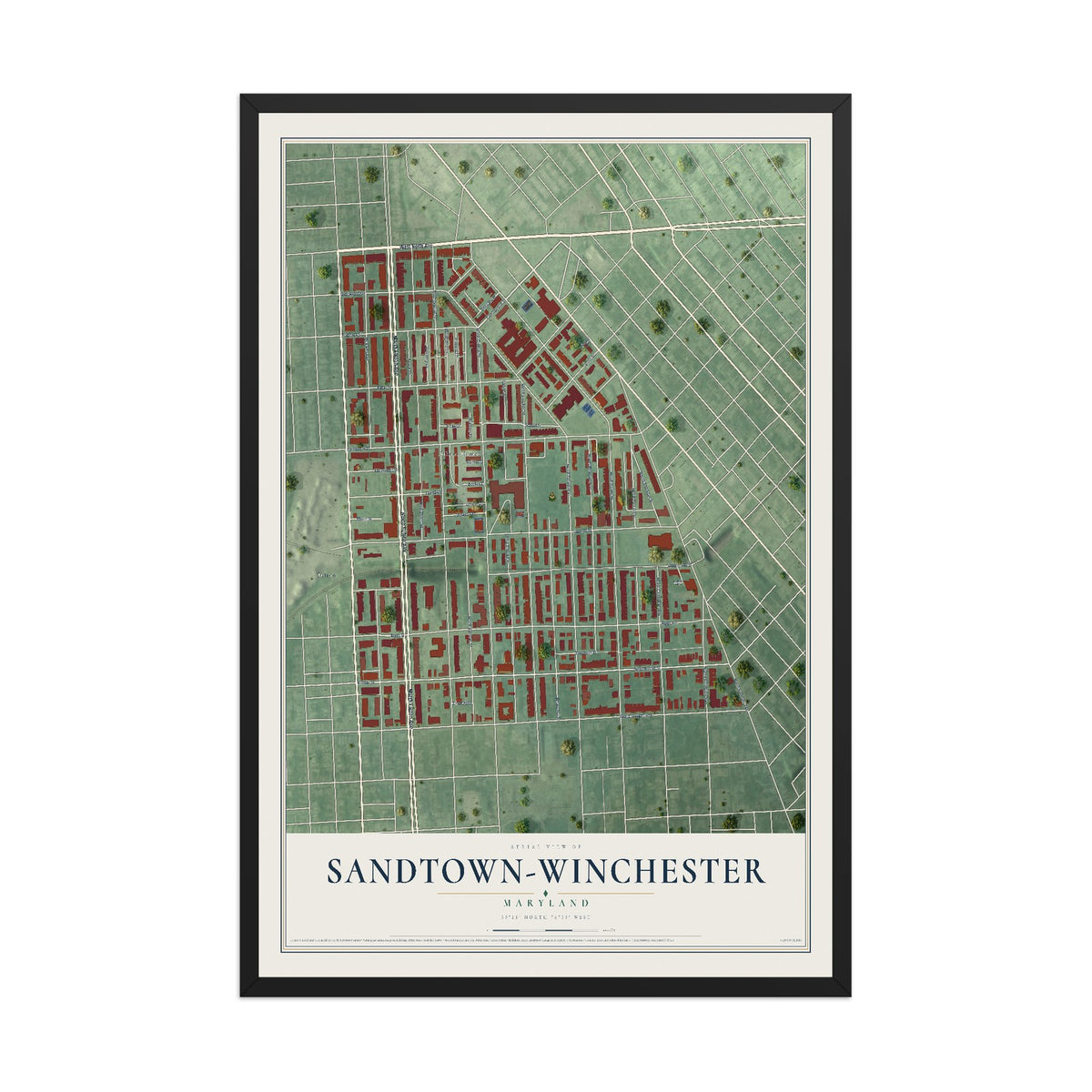 Map of Sandtown-Winchester, Maryland, 12 x 18 inch print in a black wood frame