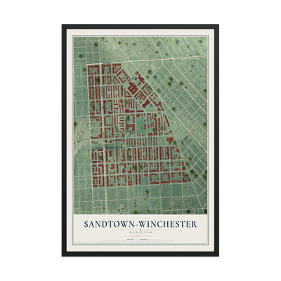 Map of Sandtown-Winchester, Maryland, 12 x 18 inch print in a black wood frame