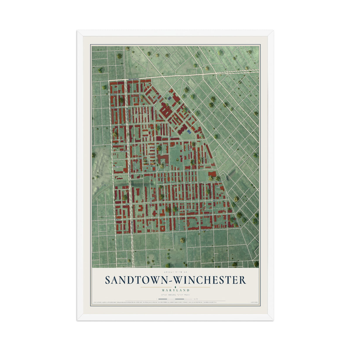 Map of Sandtown-Winchester, Maryland, 12 x 18 inch print in a white wood frame