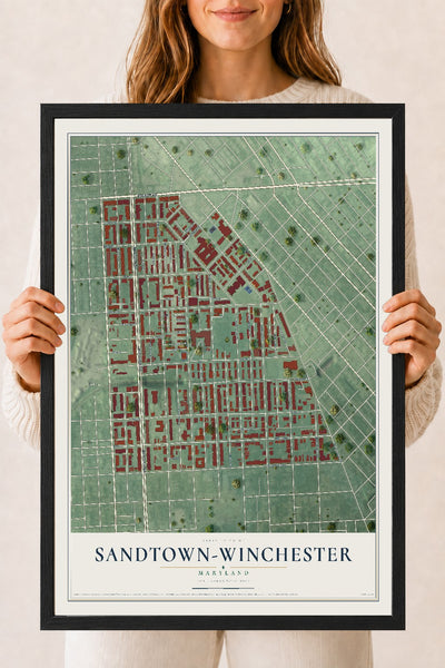 Map of Sandtown-Winchester, Maryland, 18 x 24 inch print in a black wood frame