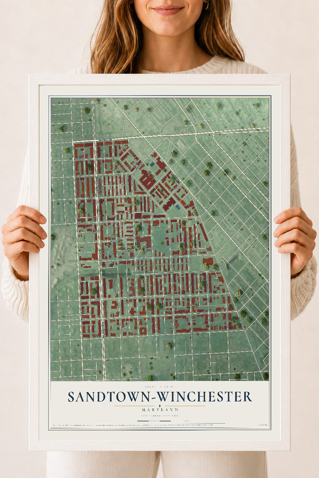 Map of Sandtown-Winchester, Maryland, 18 x 24 inch print in a white wood frame