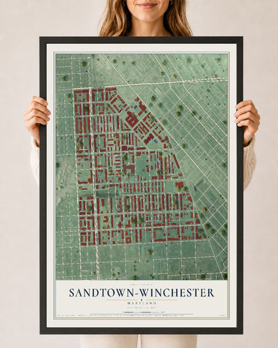 Map of Sandtown-Winchester, Maryland, 24 x 36 inch print in a black wood frame