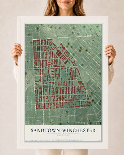Map of Sandtown-Winchester, Maryland, 24 x 36 inch print in a white wood frame