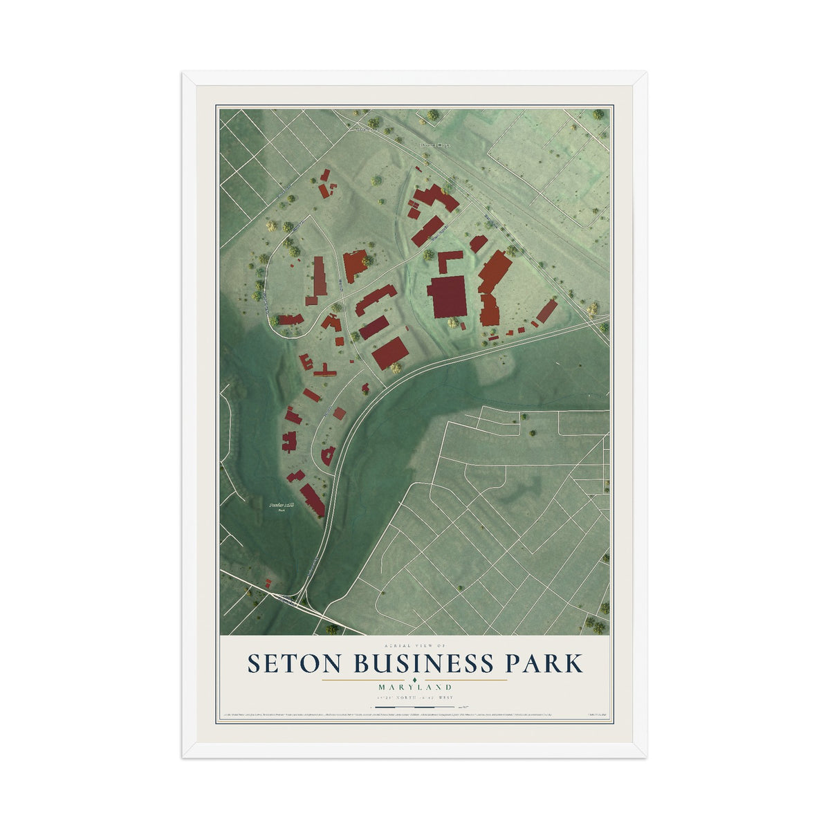 Map of Seton Business Park, Maryland, 12 x 18 inch print in a white wood frame