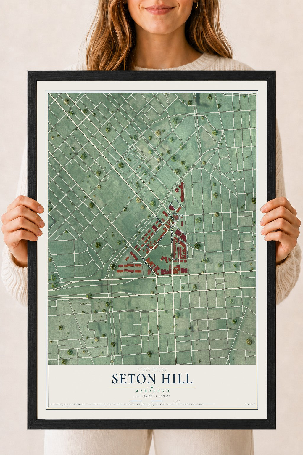 Map of Seton Hill, Maryland, 18 x 24 inch print in a black wood frame