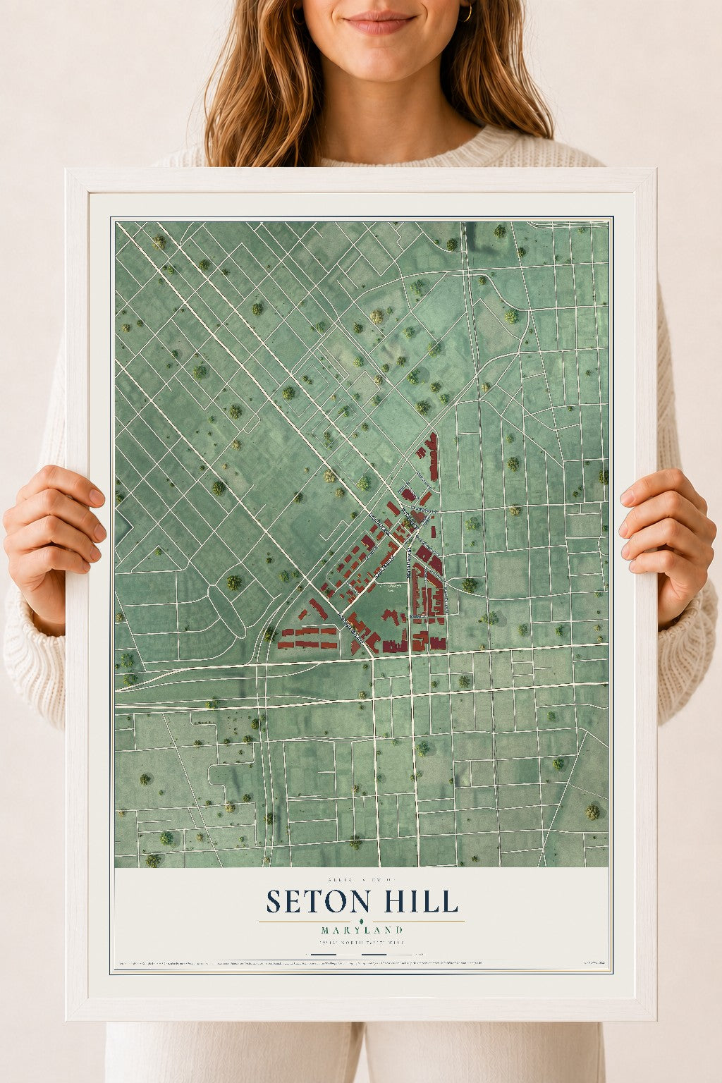 Map of Seton Hill, Maryland, 18 x 24 inch print in a white wood frame