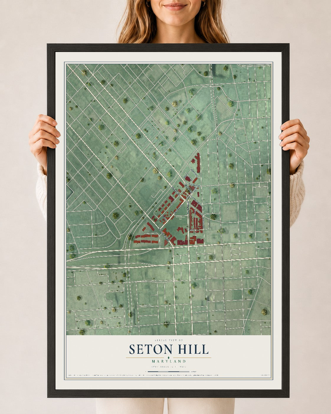 Map of Seton Hill, Maryland, 24 x 36 inch print in a black wood frame