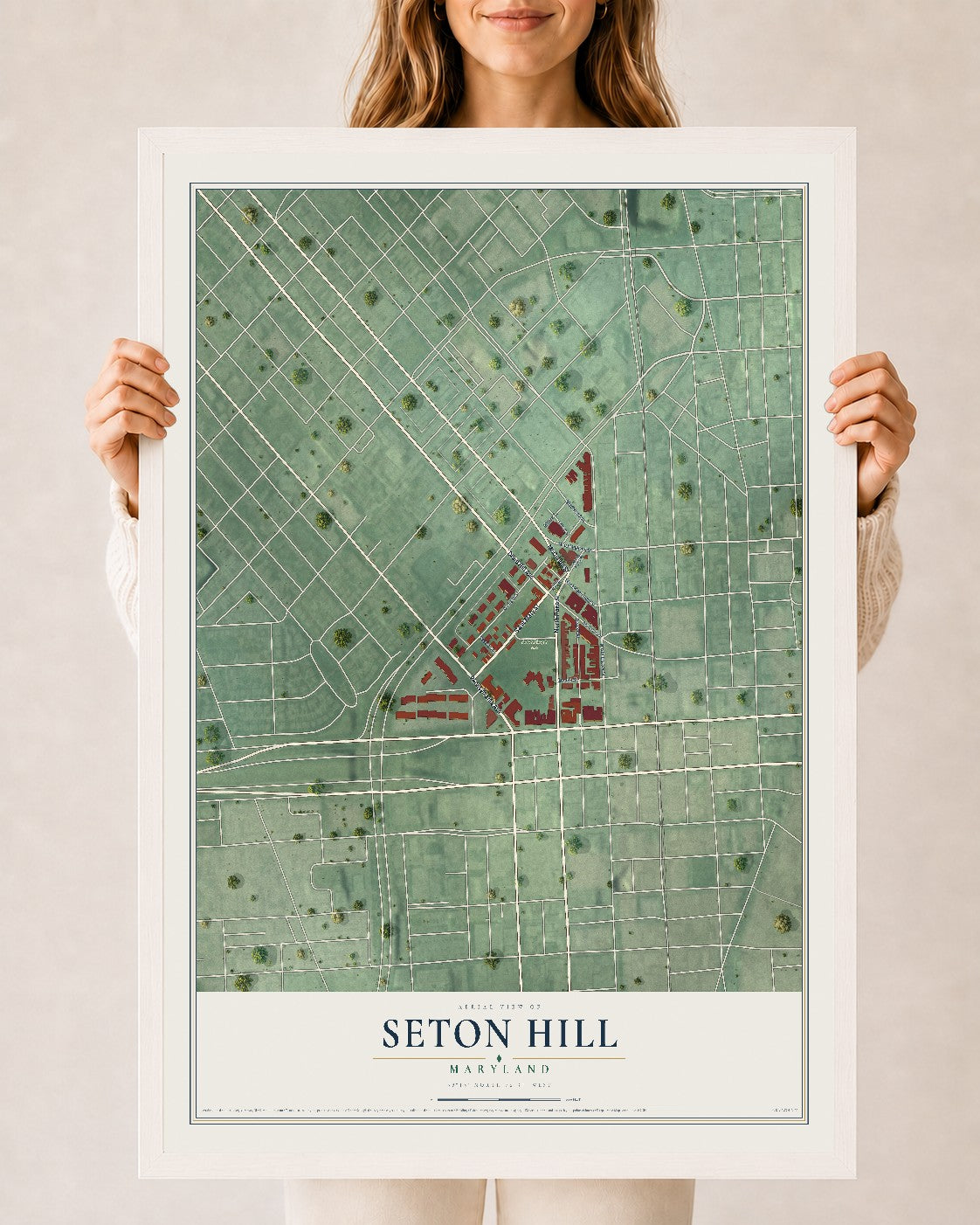 Map of Seton Hill, Maryland, 24 x 36 inch print in a white wood frame